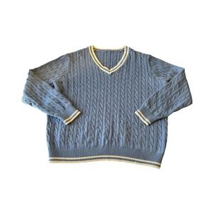 John Galt Sweater Blue White V Neck Cable Knit‎ Pullover OS Preppy Varsity
